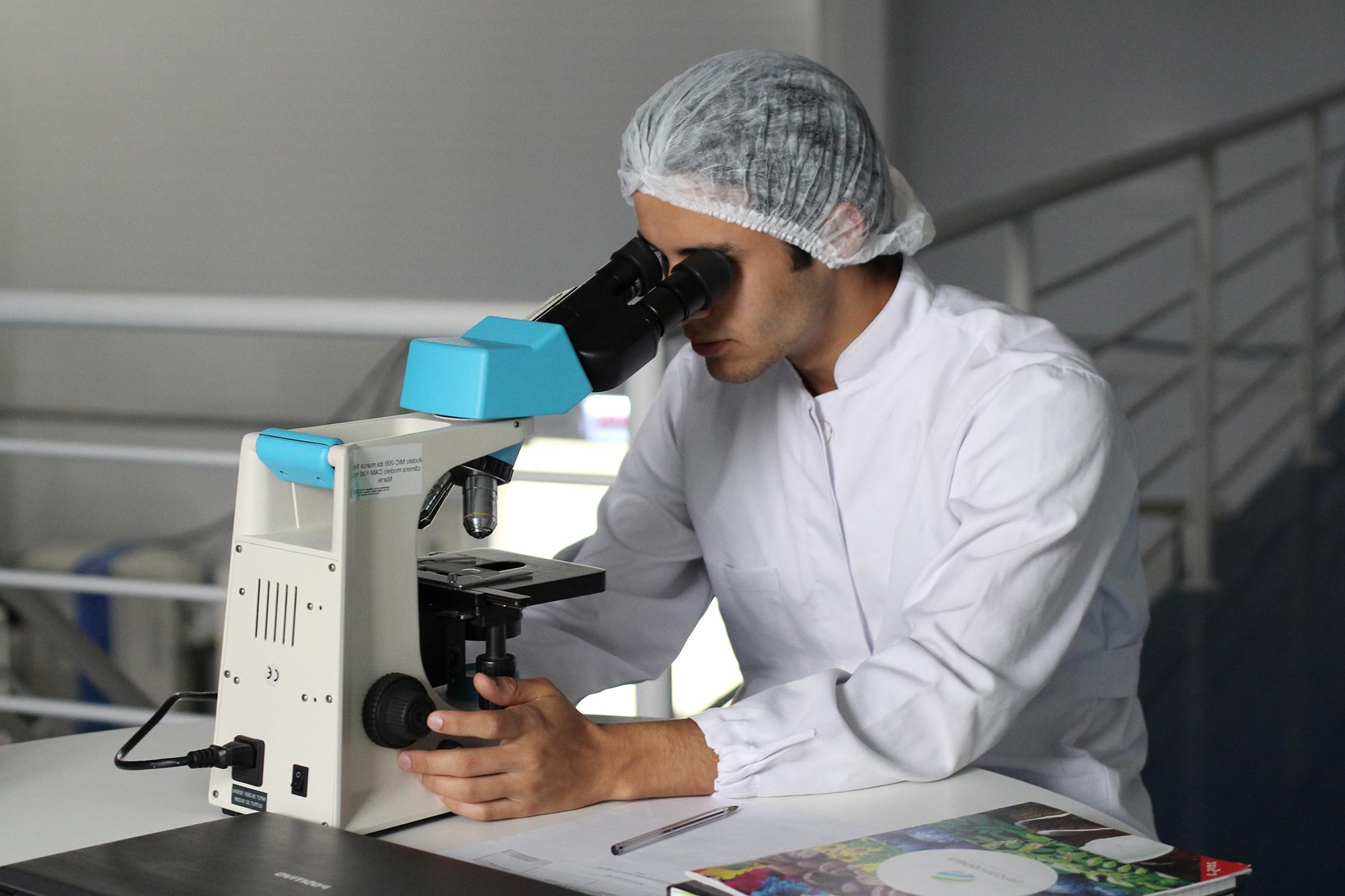 A scientist examining something under a microscope